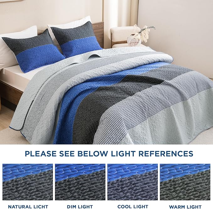 Litanika California King Quilt Set Blue and Grey - Cal King Oversized Stripe Comforter Bedspreads & Coverlets - Soft Lightweight Quilted Bedding Set for All Season(1 Quilt, 2 Pillowcases)