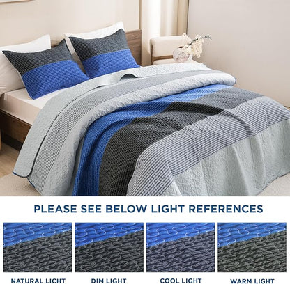 Litanika California King Quilt Set Blue and Grey - Cal King Oversized Stripe Comforter Bedspreads & Coverlets - Soft Lightweight Quilted Bedding Set for All Season(1 Quilt, 2 Pillowcases)