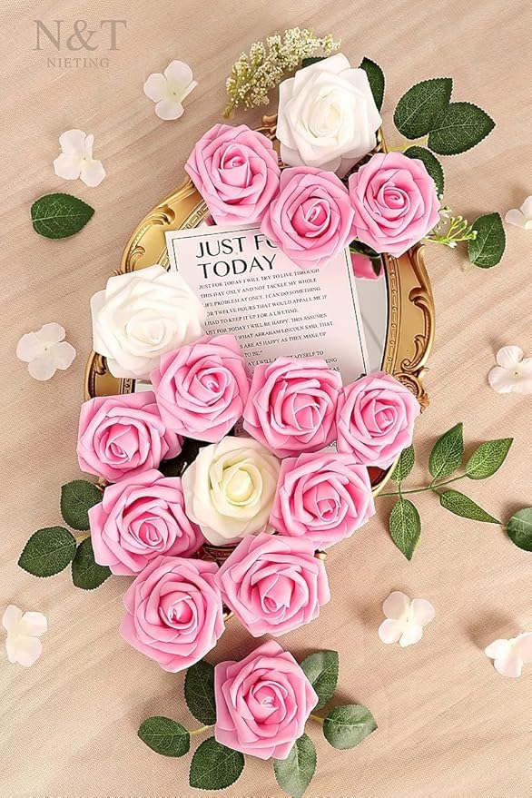 N&T NIETING Artificial Flowers Pink Roses, 25Pcs Fake Flowers Foam Roses with Stems for Valentines Day DIY Wedding Bridesmaid Bridal Bouquets Centerpieces Party Home Decoration Baby Shower