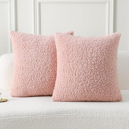 FUTEI Pink Throw Pillow Covers 20x20 Inch Set of 2,Furry Faux Fur Teddy Boucle Textured Cushion Covers,Soft Fluffy Decorative Pillow Case,Home Decor for Couch Bed Living Room Office Car