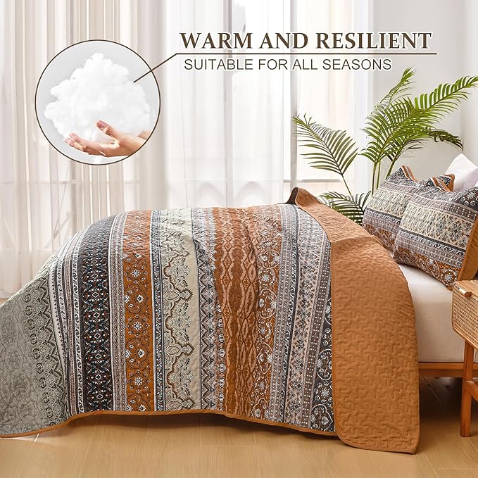 WONGS BEDDING Boho Queen Quilt Set, Brown and Grey Bohemian Quilt Bedding Set, Fall Lightweight Bed Decor Bedspread for All Season Reversible Microfiber Coverlet Bedding Set 96"x90"(3 Pieces)