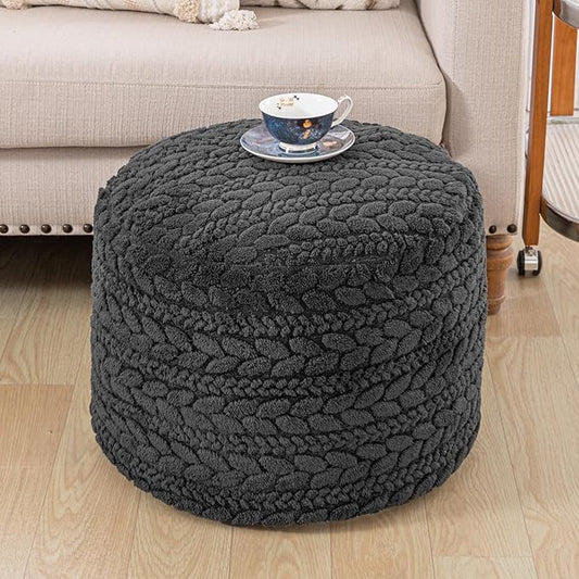 Unstuffed Ottoman Pouf Cover – Round Faux Fur Footstool Plush Floor Pouf (No Filler Included) Perfect for Living Room, Bedroom, or Office Lounge (Gray, 20x20x15 in)
