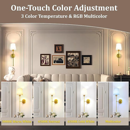 Battery Operated Wall Sconce Set of 2, 15 Colors Rechargeable Wall Lights with Dimmable Bulbs and Remote, Gold Wireless Wall Lamp for Living Room Hallway Bedroom