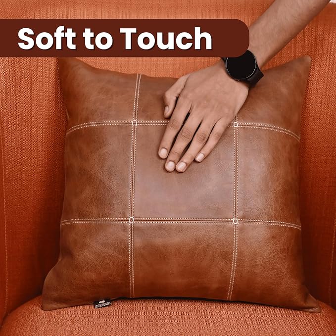 LL LEATHER LOVERS Genuine Lambskin Leather Pillow Cover, 18x18 Inch Case for Lumbar Throw Couch Pillows, Thick & Soft Cushion Covers for Sofa Bed Home Décor (Square Grid Antique Brown Pack of 2)