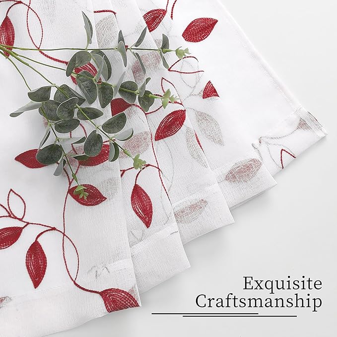Tollpiz Burgundy Red Leaf Sheer Tier Curtain Leaves Embroidered Kitchen Curtains Rod Pocket Voile Bathroom Window Treatment for Cafe, 30 x 36 inches Long, Set of 2 Panels