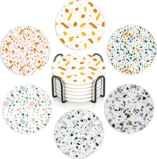 Drink Coasters with Holder,6 Pcs Terracotta Polka Dots Design, Water-Absorbent Beverage Pads for Dining Table Decor & Glass Protection