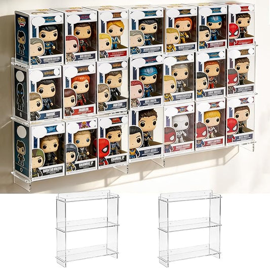 2 PCS Wall Display Shelves Compatible with 21 Funko Pop in Box Acrylic Floating Display Shelves Clear Tiered Display Shelf for Collectibles Stackable Action Figure Stand for Boxed Figures Display Case