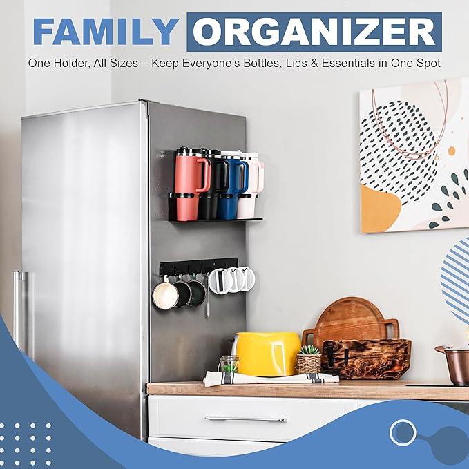 Magnetic Cup Holder for Fridge with 6 Storage Hooks and Tumbler Lid Organizer - Fits 20/30/40 oz Tumblers (Stanley, Owala, Yeti) Strong Magnetic Design - Kitchen Water Bottle Storage Rack
