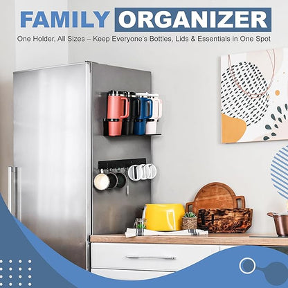 Magnetic Cup Holder for Fridge with 6 Storage Hooks and Tumbler Lid Organizer - Fits 20/30/40 oz Tumblers (Stanley, Owala, Yeti) Strong Magnetic Design - Kitchen Water Bottle Storage Rack