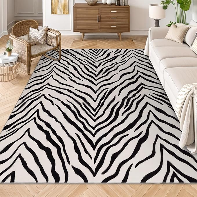YIHOUSE Tiger Washable Area Rugs 8'x10', Black and Beige Modern Rug for Living Room, Bedroom, Ultra Thin Animal Stripe Print Rug for Girls Boys Nursery, Playroom, Dorm Room