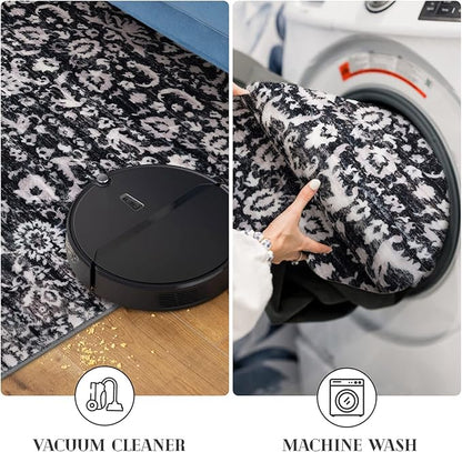 Vintage Floral 2x6 Runner Rug, Black and White Washable Kitchen Runner Rug Non-Slip Hallway Rug Runner Boho Thin Printed Faux Wool Super Soft Carpet for Entryway Bedroom Laundry Room Indoor