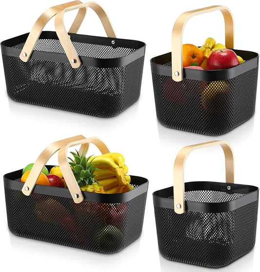 Sadnyy 4 Pcs Plastic Mesh Garden Harvest Basket Storage Basket with Wooden Handle Multi Functional Mesh Bin for Kitchen Cabinet Picnic Fruit Vegetable Gathering Organizer(Large, Small,Black)