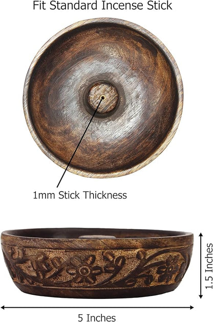 COTTON CRAFT - Wooden Incense Holder - 2 Pack Hand Carved Floral Incense Burner - Ash Catcher Bowl - Incense Sticks Aroma Room Freshener Zen Home Décor Gift - Yoga Meditation - 5 x 5 x 1.5 - Natural