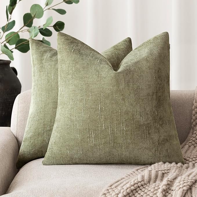 Foindtower Pack of 2 Soft Textured Chenille Throw Decorative Pillow Covers Square Accent Solid Cushion Cover Cozy Neutral Farmhouse Pillow Case for Couch Sofa Bedroom Living Room 20x20 Inch,Sage Green