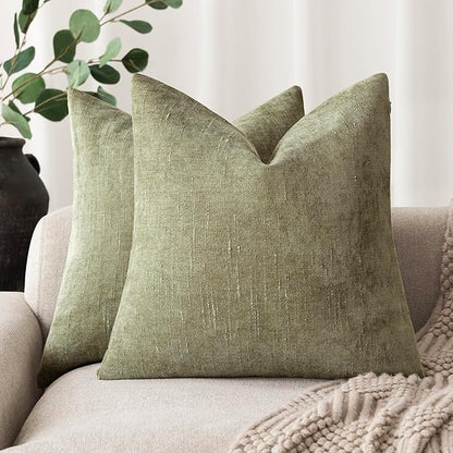 Foindtower Pack of 2 Soft Textured Chenille Throw Decorative Pillow Covers Square Accent Solid Cushion Cover Cozy Neutral Farmhouse Pillow Case for Couch Sofa Bedroom Living Room 22x22 Inch,Sage Green