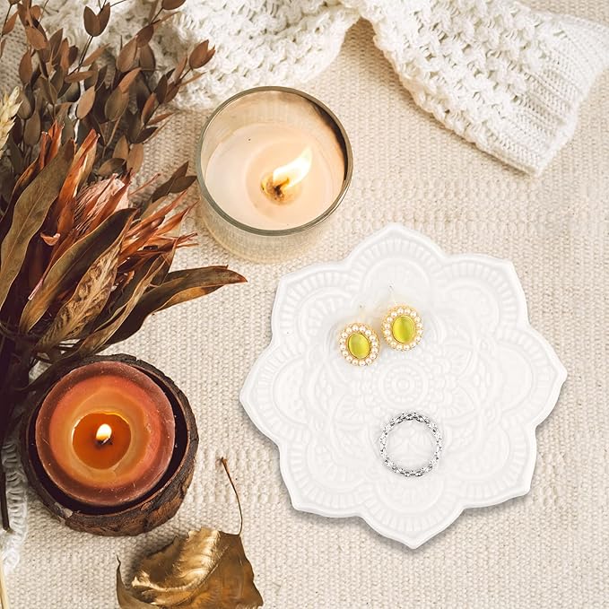 Mandala Jewelry Dish Ceramic Ring Holder Dish Jewelry Tray Cute Vanity Organizer Aesthetic Nightstand Bathroom Boho Room Decor Trinket Dish Valentine's Friendship Christmas Birthday Gifts for Women