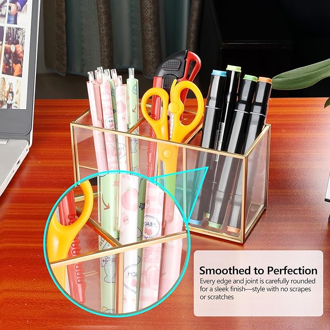 Pencil Holder for Desk,Tempered Glass Pen Holder,3&4 Compartments,Desktop Storage Organizer for Office Supplies,School Supplies,Pens,Markers,Pencils,Scissors,Paperclips (Gold, 3 compartments)