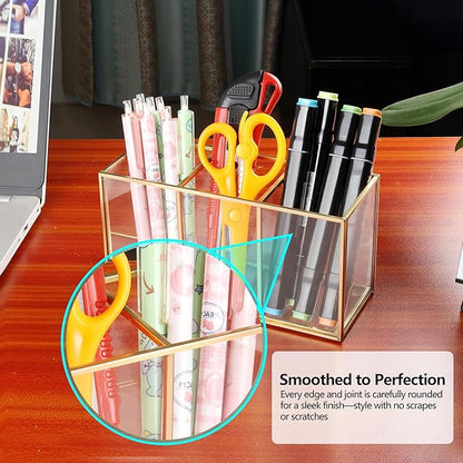 Pencil Holder for Desk,Tempered Glass Pen Holder,3&4 Compartments,Desktop Storage Organizer for Office Supplies,School Supplies,Pens,Markers,Pencils,Scissors,Paperclips (Gold, 3 compartments)