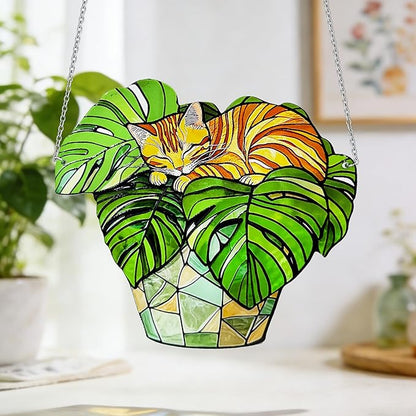 Cat Stained Glass Suncatcher Window, Cat Sun Catchers Indoor Window, Suncatcher for Mom/Women (Orange)