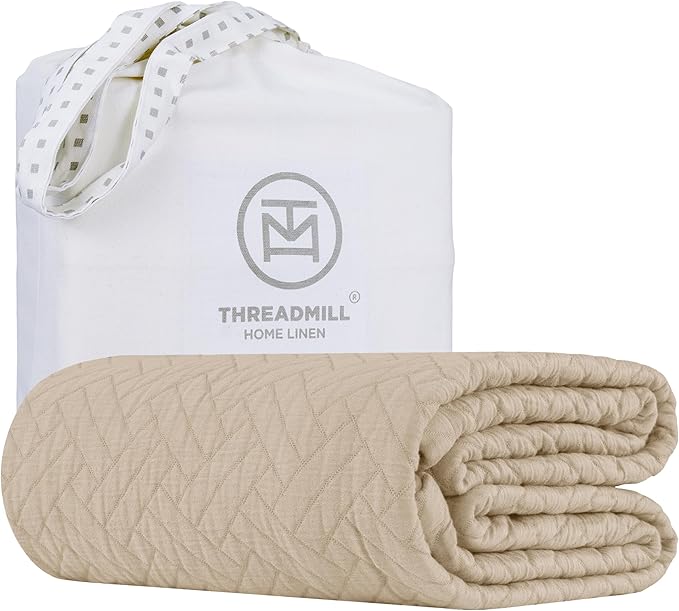 Threadmill Luxury Cotton Blankets for King Size Bed | All-Season Cozy 100% Cotton King Size Blanket | Criss Cross Jacquard Soft & Lightweight Coverlet fits California King Bed, 104x92 | Beige