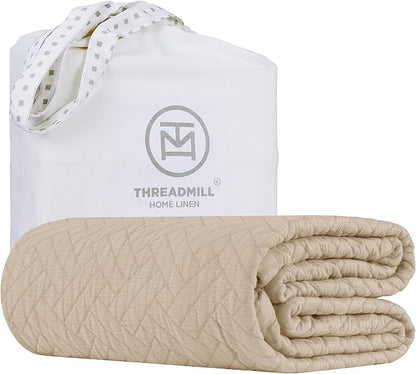 Threadmill Luxury Cotton Blankets for King Size Bed | All-Season Cozy 100% Cotton King Size Blanket | Criss Cross Jacquard Soft & Lightweight Coverlet fits California King Bed, 104x92 | Beige