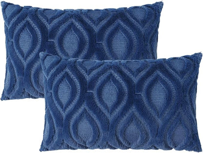 decorUhome Spring Throw Pillow Covers 12x20 Inch Set of 2, Soft Plush Faux Wool Dark Blue Solid Couch Pillow Covers, Accent Farmhouse Neutral Square Pillow Cases for Sofa Bed Living Room