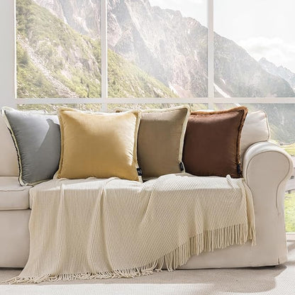 Phantoscope Pack of 2 Velvet Decorative Throw Pillow Covers, Double-Sided Tassel Trimmed Design, Soft Luxury Velvet Pillows Square Cushion Case for Couch Sofa Bed, Grey, 18 x 18 inches 45 x 45 cm
