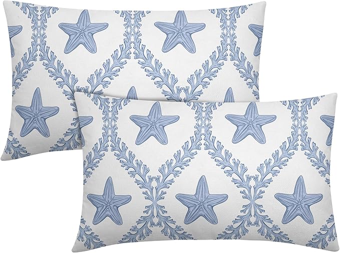 Coastal Pillow Covers 12x20 Set of 2 Ocean Starfish Pattern Decorative Light Blue Pillowcases Outdoor Beachy Throw Pillow Covers with Zipper Soft Cozy for Sofa Bed Chair Living Room Home Decor