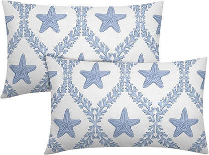Coastal Pillow Covers 12x20 Set of 2 Ocean Starfish Pattern Decorative Light Blue Pillowcases Outdoor Beachy Throw Pillow Covers with Zipper Soft Cozy for Sofa Bed Chair Living Room Home Decor