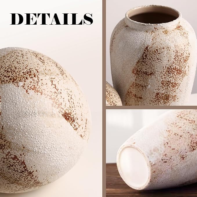 Vintage Ceramic Vase, Minimalist Texture Stone Patterned White Flower Vase, Decorative Vase for Living Room Shelf Farmhouse Dining Table Centerpiece Decor (Rustic 13.7'')