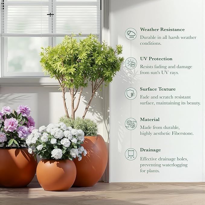 DTY Signature Mount Sherman Modern Indoor Outdoor Fiberstone Sphere Planter, Durable Round Garden Pot, Weather Resistant, Drainage Hole & Rubber Plug - Small, Terracotta