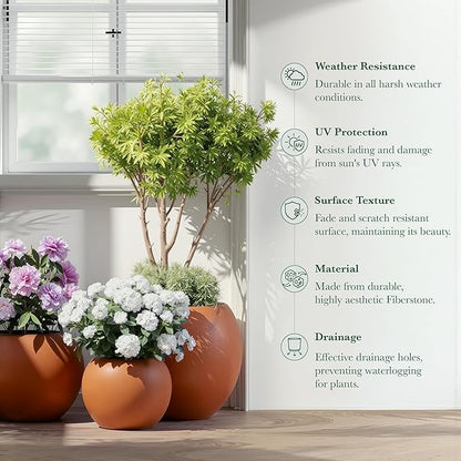 DTY Signature Mount Sherman Modern Indoor Outdoor Fiberstone Sphere Planter, Durable Round Garden Pot, Weather Resistant, Drainage Hole & Rubber Plug - Small, Terracotta