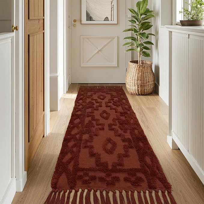 Uphome Boho Runners for Hallways 2' x 6', Washable Farmhouse Entryway Runner Rug, Cotton Tufted Bedroom Runner Rugs, Bohemian Tribal Throw Aesthetic Rug for Kitchen Doorway Living Room, Terracotta