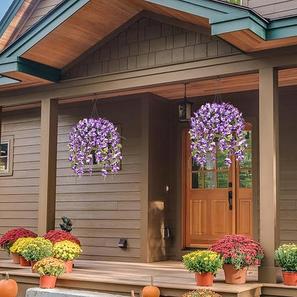 Fake Hibiscus Artificial Hanging Flowers Plants for Outdoors Spring Decoration, 2pcs Silk Hibiscus Vines Realistic UV Resistant Purple Faux Flowers for Outside Planter Porch Patio Yard Wedding Party