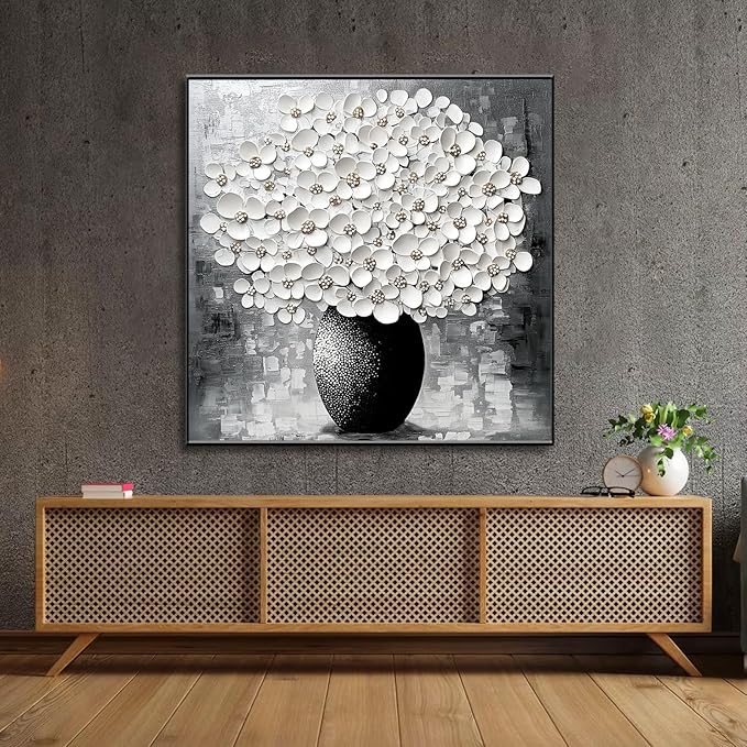 Glethua Flower Canvas Wall Decor, Abstract Floral Painting Print, White Blooming Flowers in Vase Picture Art, Modern Minimalist Still Life Artwork for Living Room Bathroom Bedroom Office (Gold Framed, 35 x 35 in | 90 x 90cm)