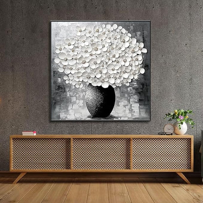 Glethua Flower Canvas Wall Decor, Abstract Floral Painting Print, White Blooming Flowers in Vase Picture Art, Modern Minimalist Still Life Artwork for Living Room Bathroom Bedroom Office (Black Framed, 35 x 35 in | 90 x 90cm)