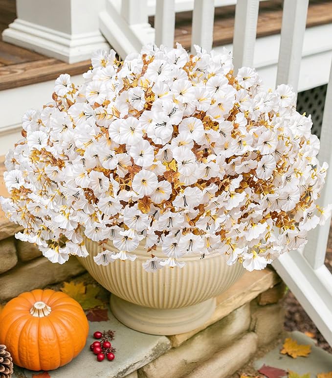 Fake Mums Artificial Fall Flowers Fake Plants for Outdoors Autumn Decor, 12 Bundles White Silk Morning Glory with Eucalyptus Look Real UV Resistant Faux Flowers for Outside Planters Front Door Yard