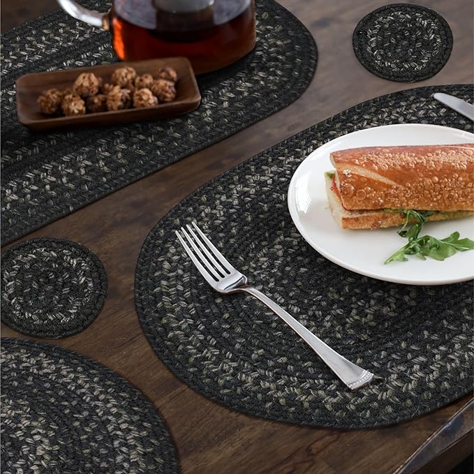 Homespice Jet Black Braided Oval Table Runner, Warm Primitive Decor,11x36 - Jute Dining Table Accessories - Rich Colors, Easy to Clean, Durable and Protects Furniture
