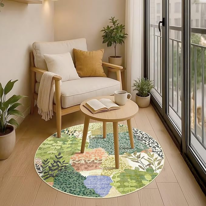 DEXDE Round Rug 4ft Washable Circle Area Rugs Non Slip Low Pile Boho Floral Small Circular Carpet for Bedroom Bathroom Entryway Kids Room Office Dining Room,Green
