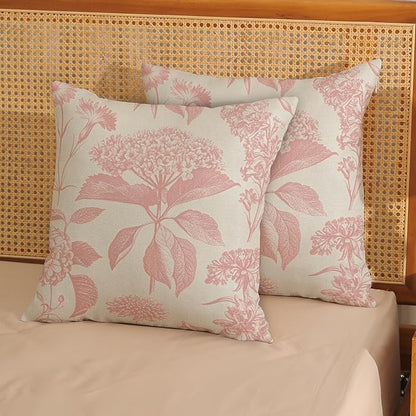 Pink Pillow Covers 18x18 Set of 2 Boho Floral Throw Pillow Cover Hydrangea Herbs Botanical Decoration Pillowcase Farmhouse Vintage Flower Linen Cushion Case Outdoor Decorative for Couch Sofa