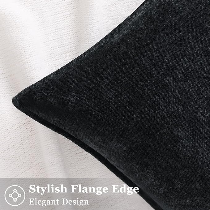 decorUhome Spring Couch Euro Sham Throw Pillow Covers 22x22 Set of 2, Decorative Soft Velvet Neutral Chenille Pillow Covers with Elegant Design for Sofa Bed Living Room Home Decor, Black
