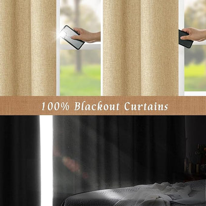 LAMIT Natural 100% Blackout Linen Curtains, 63 Inches Linen Textured Thermal Bedroom Curtains Back Tab and Rod Pocket Neutral Panels with White Liner for Living Room, 2 Panels, 38 x 63 Inch, Burlap