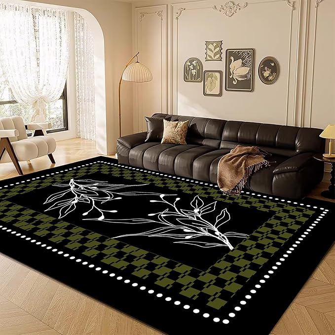 Modern Abstract Area Rug 4x6ft, Black Green White Botanical Line Art, Low Pile Non-Slip Washable Carpet for Bedroom, Farmhouse Dining Room, Kids Playroom