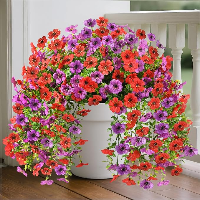 INQCMY 2Pcs Artificial Fake Hanging Flowers for Outdoors UV Resistant Artificial Plants for Spring Summer Decor Look Real Faux Flowers for Outside Home Planter Porch Patio Decor