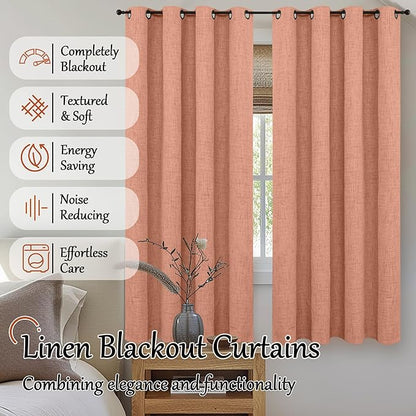 Lajode 60 Inch Wide Linen Blackout Fall Curtains for Bedroom, Terracotta Curtains 63 Inch Long 2 Panels, Total Black Out Thermal Insulated Energy Saving Boho Window Drapes, 60x63 Inch 2 Panels