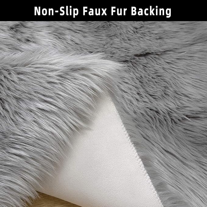 Grey Faux Fur Sheepskin Area Rug for Living Room Bedroom, 4 x 6 Feet Ultra Soft Shaggy Fuzzy Furry Carpet Chair Throw Large Rugs for Kids, Girls, Nursery Room Decor Dorms