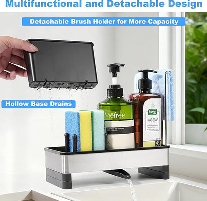 Kitchen Sink Caddy Organizer with Dish Brush Holder, Stainless Steel Sponge Holder with Dish Cloth Rack, Soap Sponge Caddy for Kitchen Countertop Sink Organizer and Storage Essentials
