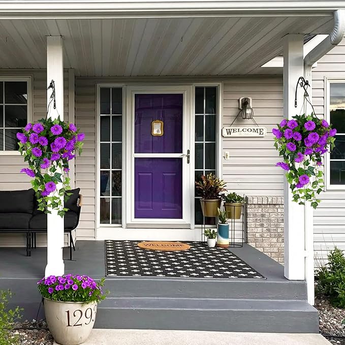 RECUTMS Artificial Fake Hanging Flowers Plants for Outdoor Spring Decor, 2 Pcs UV Resistant Faux Petunias Trailing Plants Realistic Flower Look Real for Door Wall Yard Porch Garden Planter (Fuchsia)