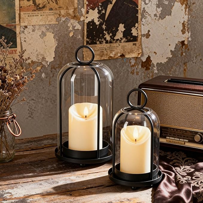 Glass Hurricane Candle Holder Decorative Gold Candle Lantern, Pillar Candlestick Holders Set of 2, Hanging Metal Holder Modern Table Centerpieces, Black
