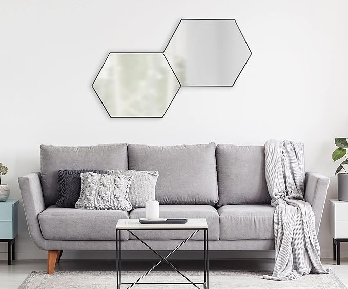 Kate and Laurel Rhodes Modern Hexagon Wall Mirror, 31" x 22", Black, Chic Geometric Wall Mirror
